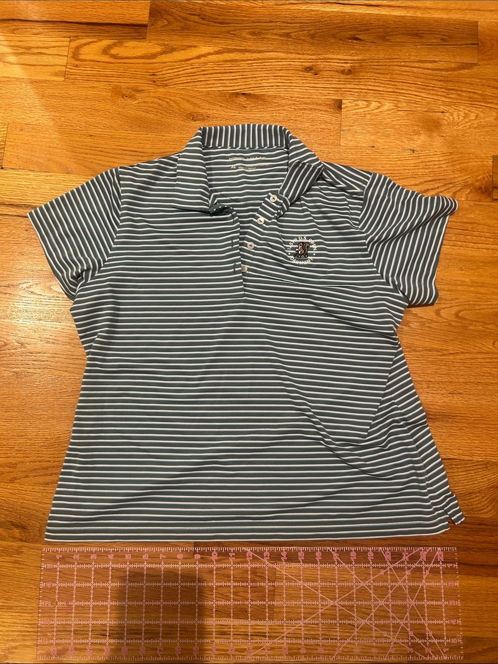 Striped Peter Millar golf Short-Sleeve Polo Top in Teal and White U.S. open oak